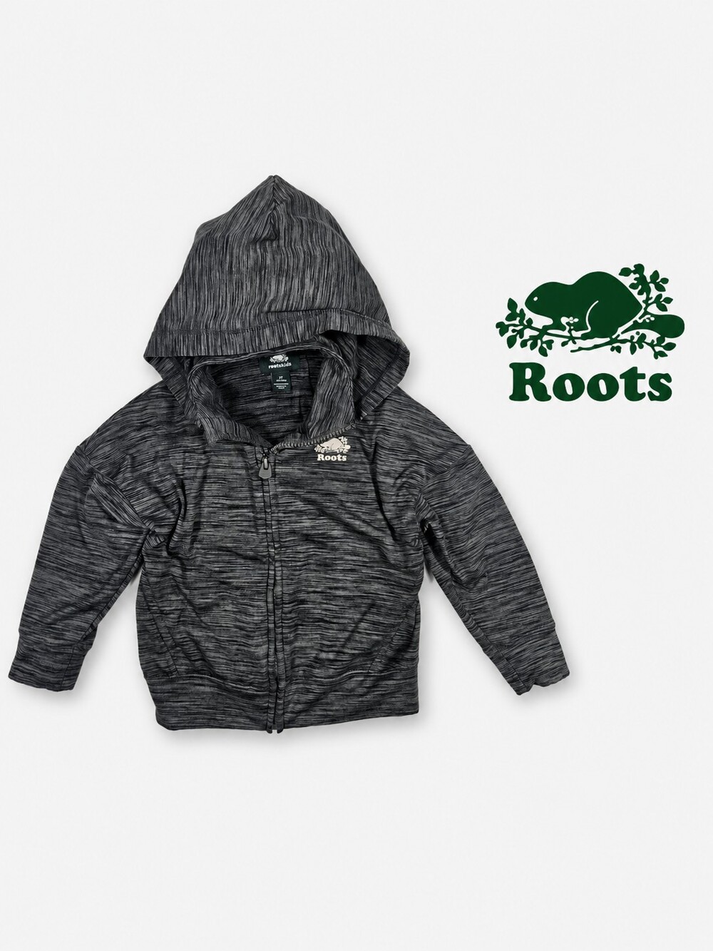 Roots Kids Grey Space-Dye Full Zip Hoodie – Size 3T